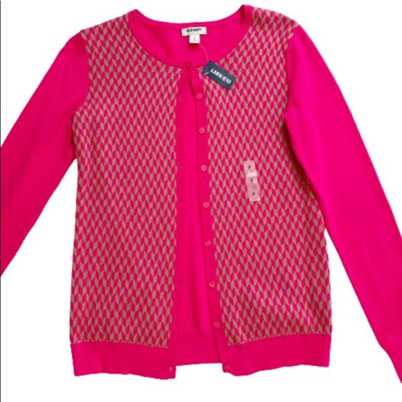 Old Navy Cardigan Sweater Fuchsia Tan Geo Print Crew Neck Button Front Small NEW - Picture 7 of 16
